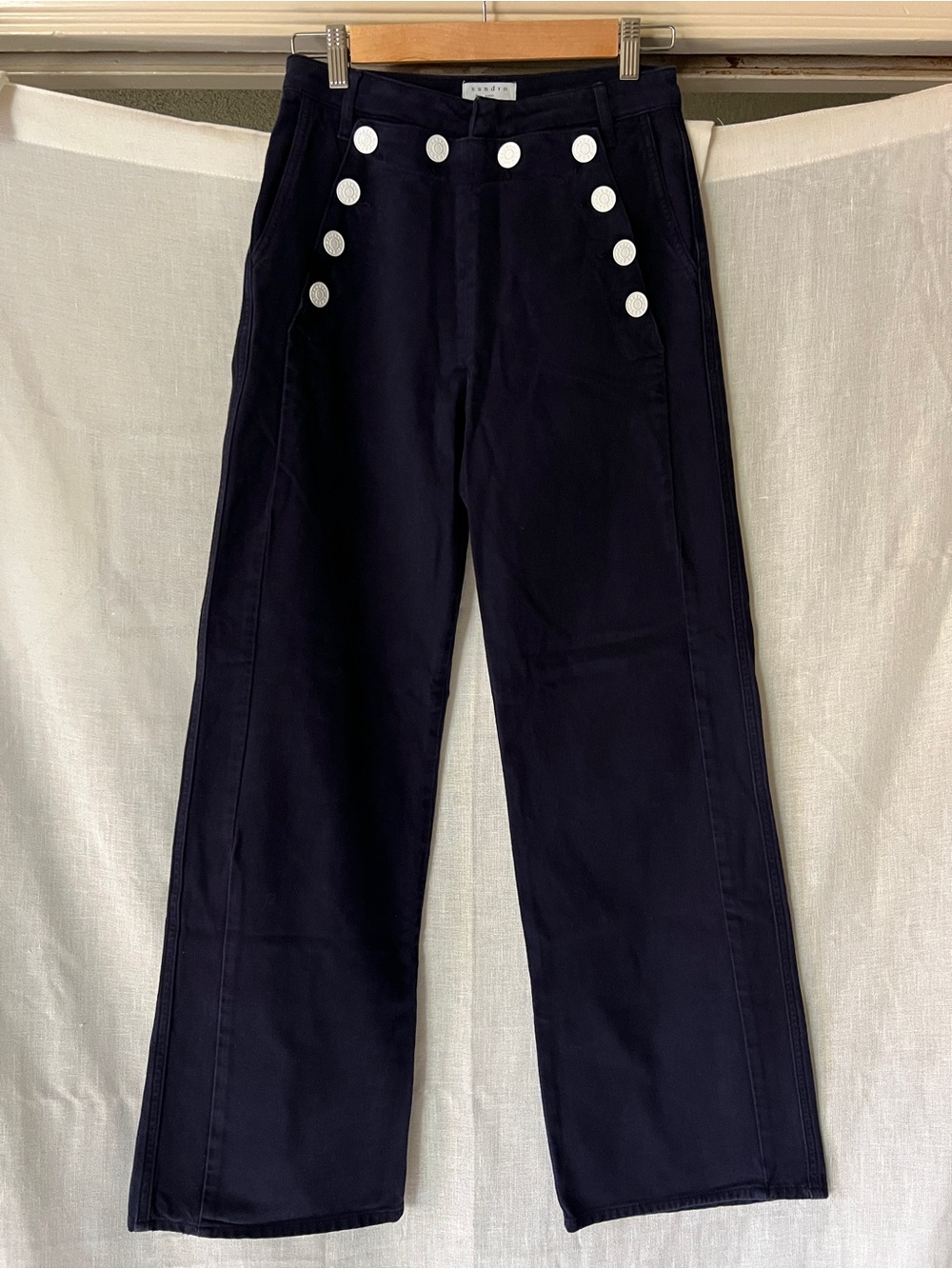 Sandro Paris Sailor Pants Navy High Waist Wide Leg Button Front Size 36